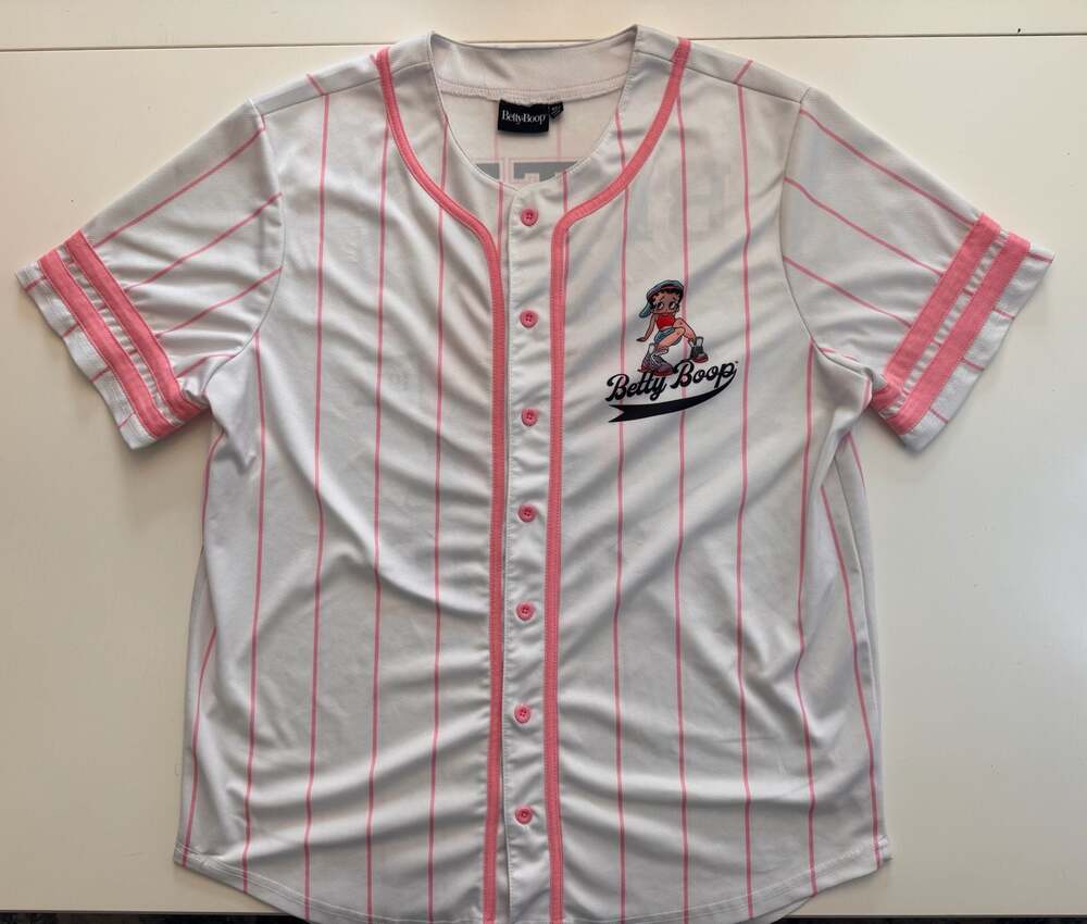 Betty Boop Pink Pinstripe Baseball Jersey Button-Up Shirt XL
